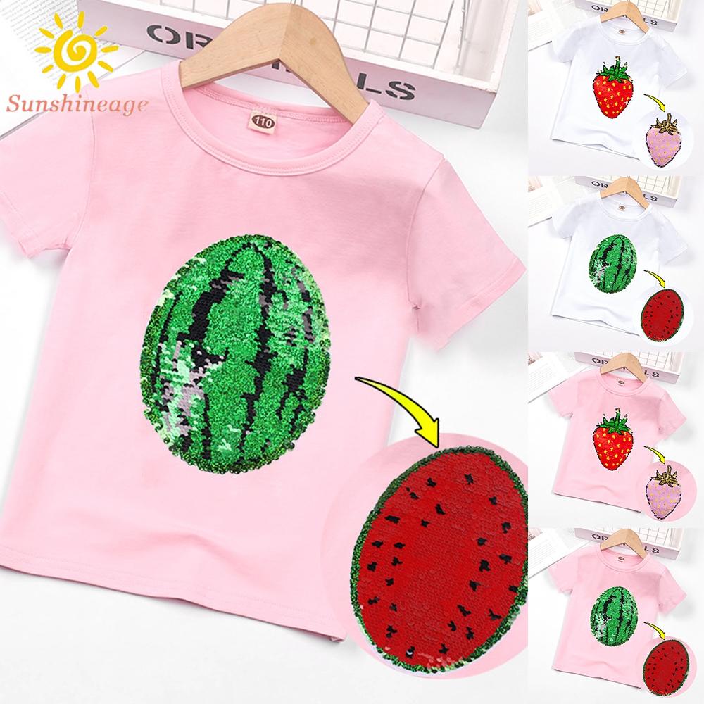 Áo Thun Ngắn Tay In Họa Tiết Đính Kim Sa Lấp Lánh Thời Trang Cho Bé Gái