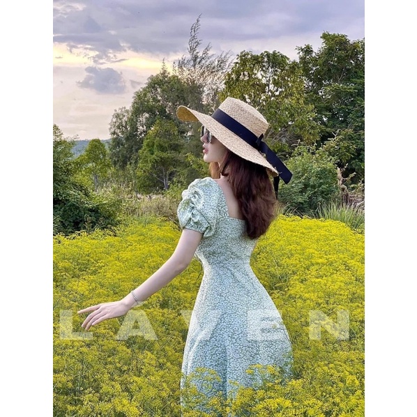 Đầm midi hoa xanh cổ thuyền tay phồng xếp ngực
