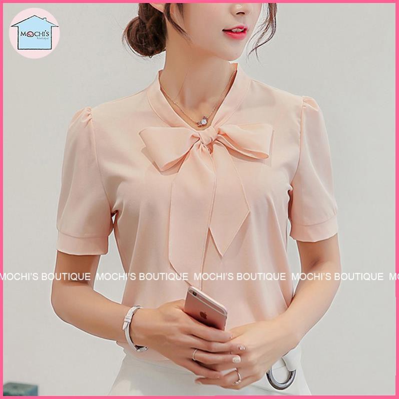 Áo kiểu nữ công sở, mẫu áo sơ mi tay ngắn thắt nơ điệu đà, chất liệu mềm mịn thoáng mát không nhăn - M315 💯 * ྇