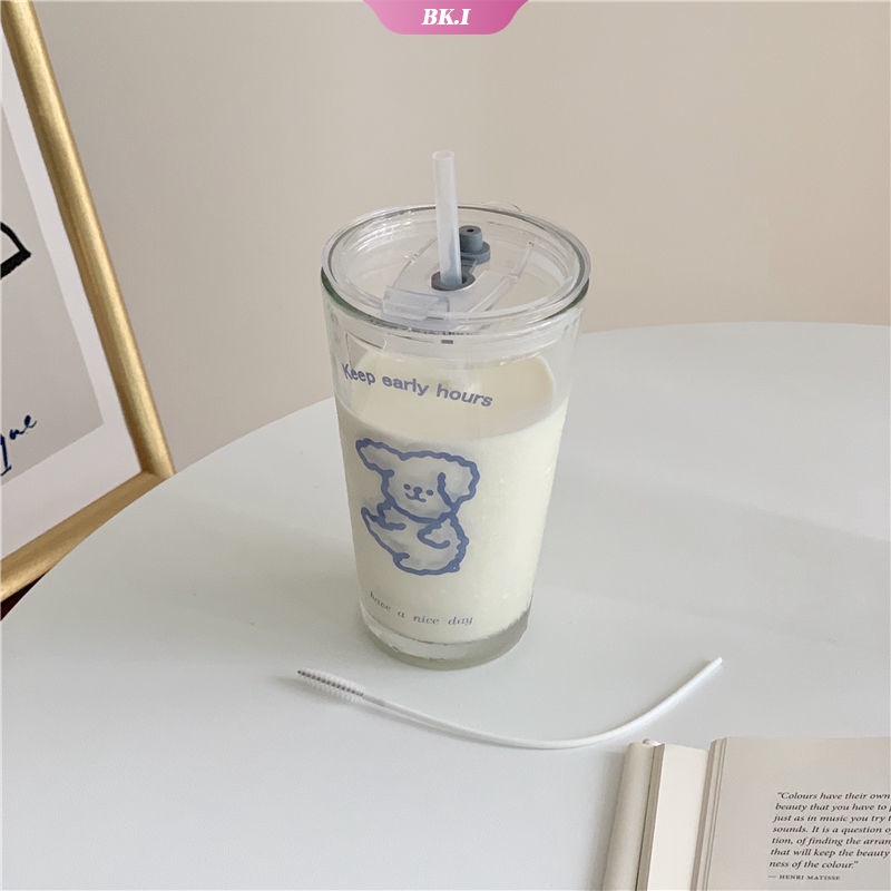 Bình Nước Thủy Tinh Trong Suốt Dung Tích 450ml In Hình Chú Chó Xanh Dương Dễ Thương Phong Cách Hàn Quốc Dành Cho Nữ