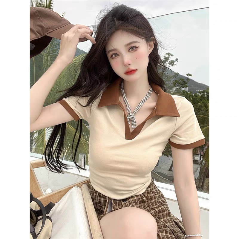 Áo croptop nữ kiểu cổ bẻ phối nút đan dây hở lưng kẻ viền cá tính chất vải thun gân len FreeSize🎶GB capnhatx