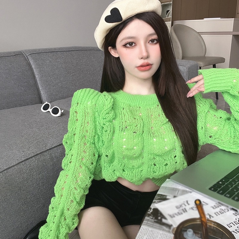 Áo Len Croptop Nữ Dệt Kim Cổ Tròn Màu Sắc Thanh Lịch