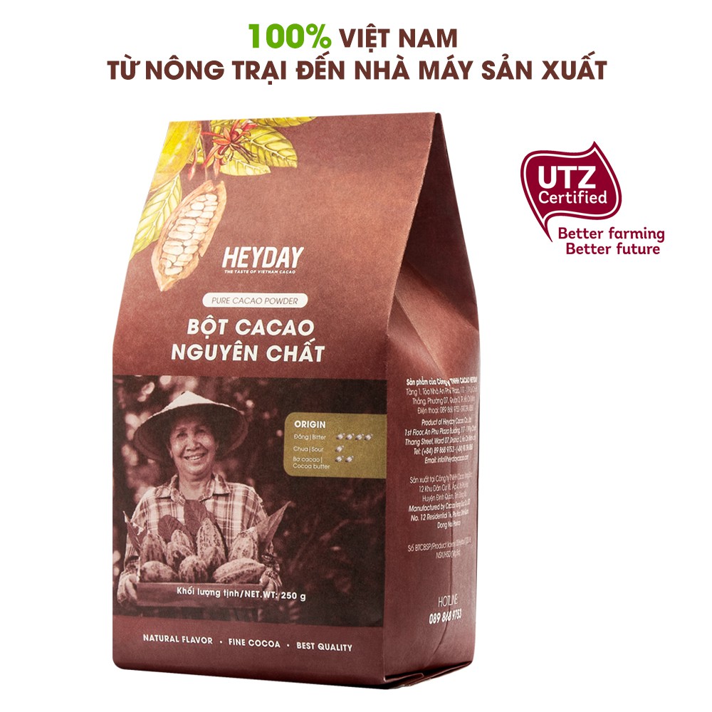 Bột cacao nguyên chất 100% Heyday - Dòng Origin thượng hạng - Túi giấy 100g, 250g - Chuẩn UTZ Quốc Tế