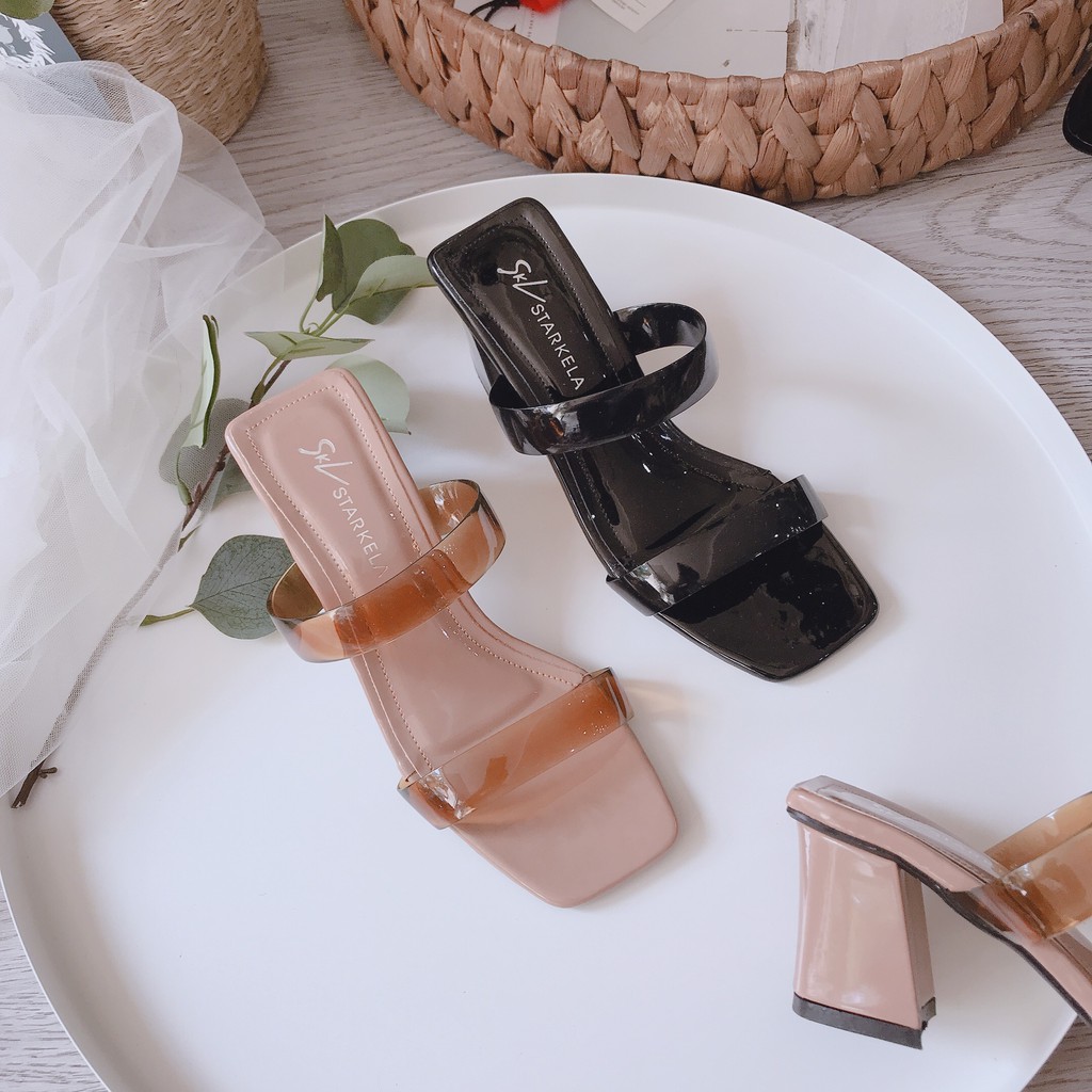 Guốc gót vuông 2 quai dẹp mica