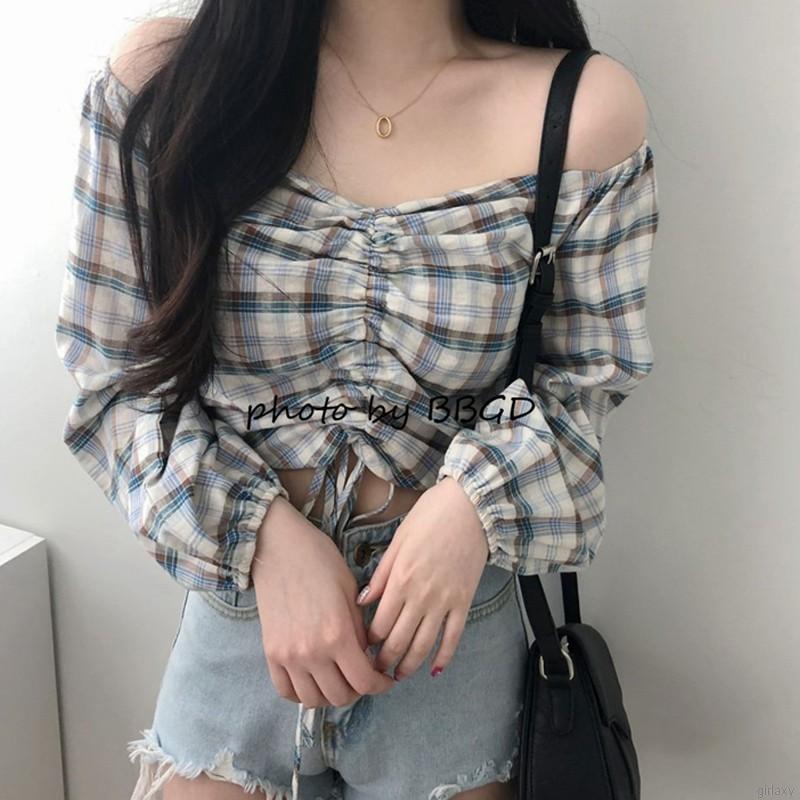 Áo crop top tay dài thiết kế dây rút phong cách Hàn Quốc cho nữ