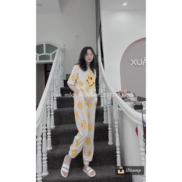 Set Áo Thun Nam Nữ Form Rộng Hàn Quốc Mặt Cười- Bộ DàiTay Lỡ  Dày Mịn Thoáng Mát Thiết Kế  Kiểu Dáng Năng Động Trẻ Thun
