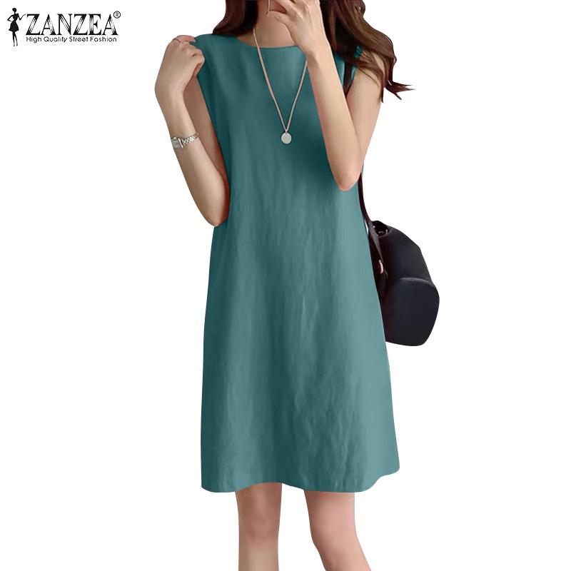 Đầm ngắn Zanzea không tay cổ tròn màu trơn đơn giản phong cách Hàn Quốc dành cho nữ