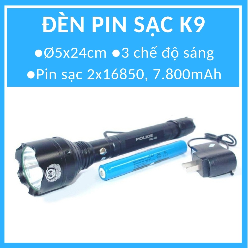 Đèn pin siêu sáng K9 + 1 pin sạc 7.800mAh + 1 cục sạc điện