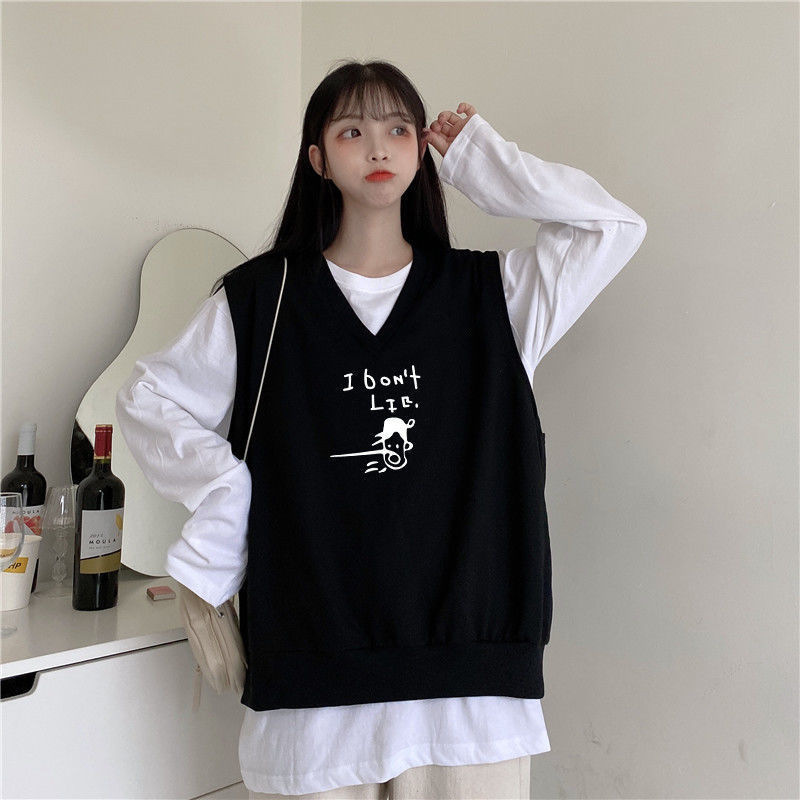 Áo cổ V không tay dáng rộng kiểu Hàn Quốc xinh xắn cho bạn nữ