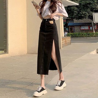 (sẵn) Chân váy jeans dài xẻ tà có bigsize