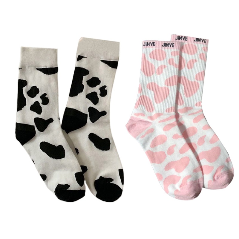 Đôi vớ thể thao in họa tiết bò sữa phong cách Harajuku Nhật Bản dành cho nữ