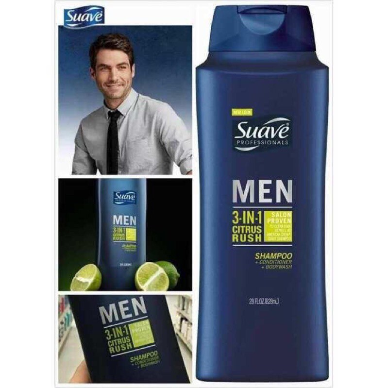 Dầu Gội Tắm Xả Suave Men 3in1 Shampoo-Conditioner-Body Wash 828ml