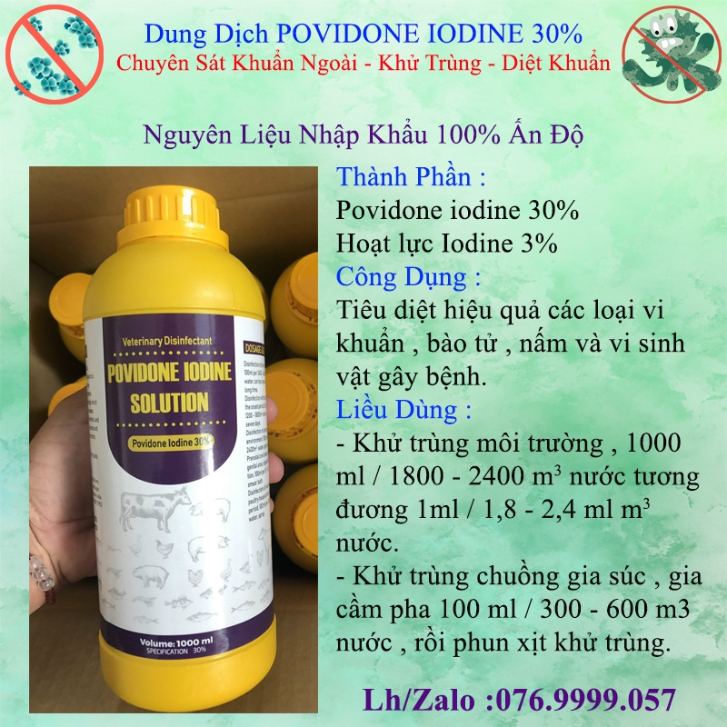 Povidone iodine 30% chai 1000ml khử trùng - sát khuẩn ngoài động vật nuôi  # povidone iodine 30% chai 1000ml