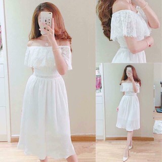 Đầm dự tiệc đầm trễ vai phối ren dập li đẹp mê ly kèm ảnh thật