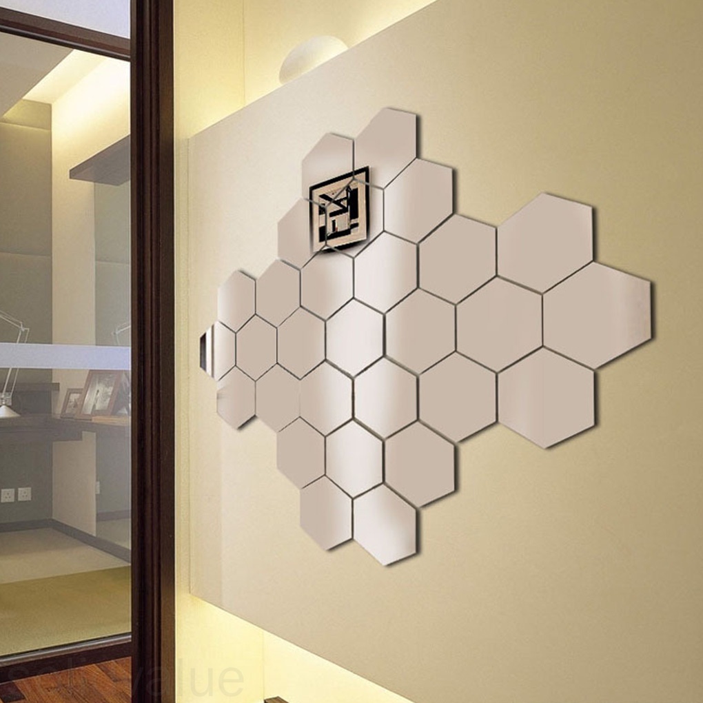 12 miếng dán tường acrylic hình lục giác tráng gương trang trí nhà cửa / phòng khách / phòng ngủ / sofa DIY
