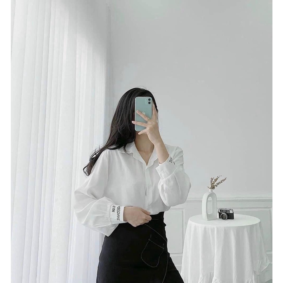 (Quà tặng 1 khẩu trang )Áo sơ mi trắng tay chữ thêu siêu xịn đẹp.