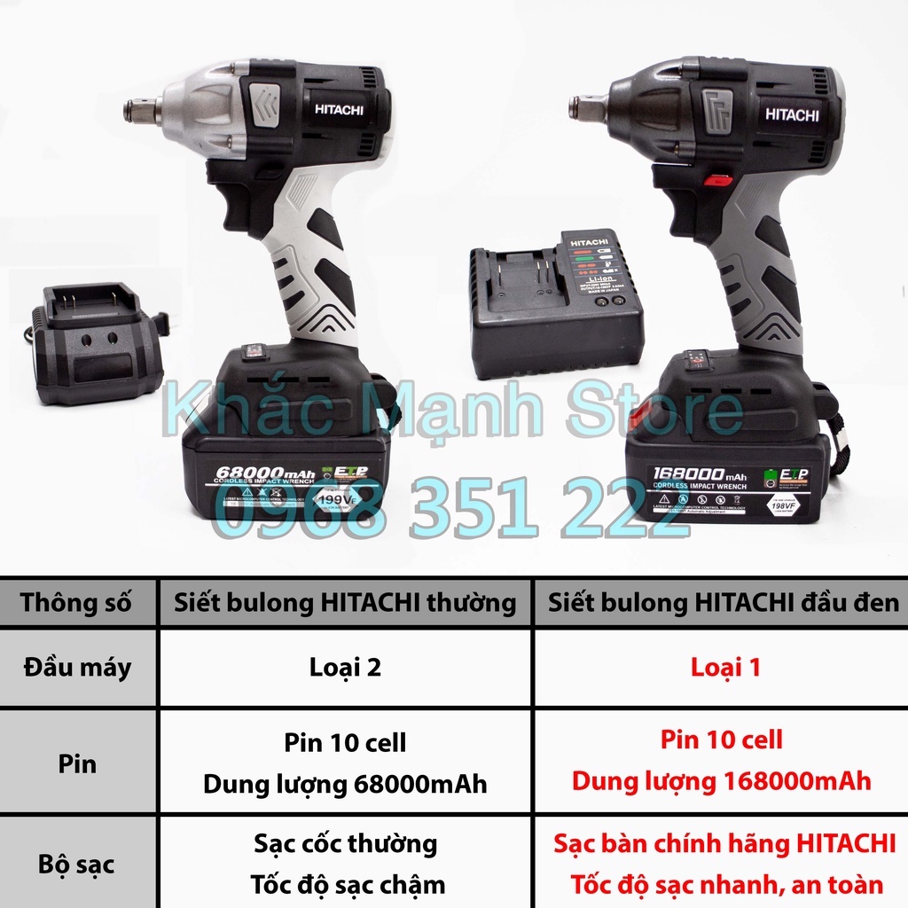 Máy siết bulong HITACHI đầu đen 198V cao cấp - Động cơ không chổi than - Dung lượng pin khủng 168000mah