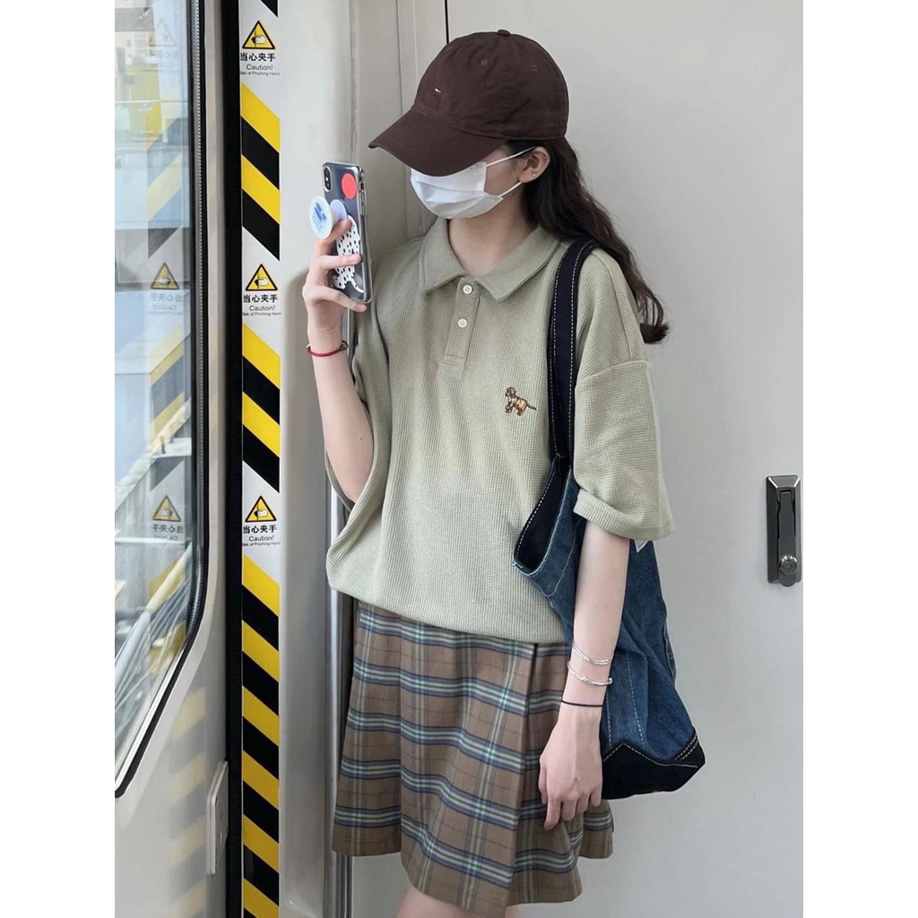 Áo Polo Tổ Ong Xanh IN HÌNH Cún JOLIE Unisex - Thun kiểu form rộng tay lỡ 3158 vintage đường phố