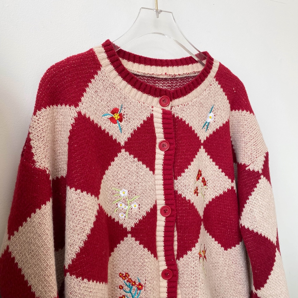 Áo khoác cardigan họa tiết ô trám thêu hoa LENCLOTHING 8320