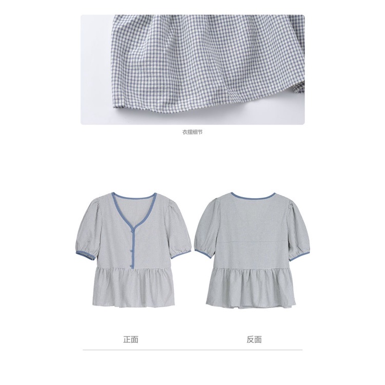 Áo tay ngắn cổ chữ V họa tiết caro thời trang mùa hè sang trọng dành cho nữ