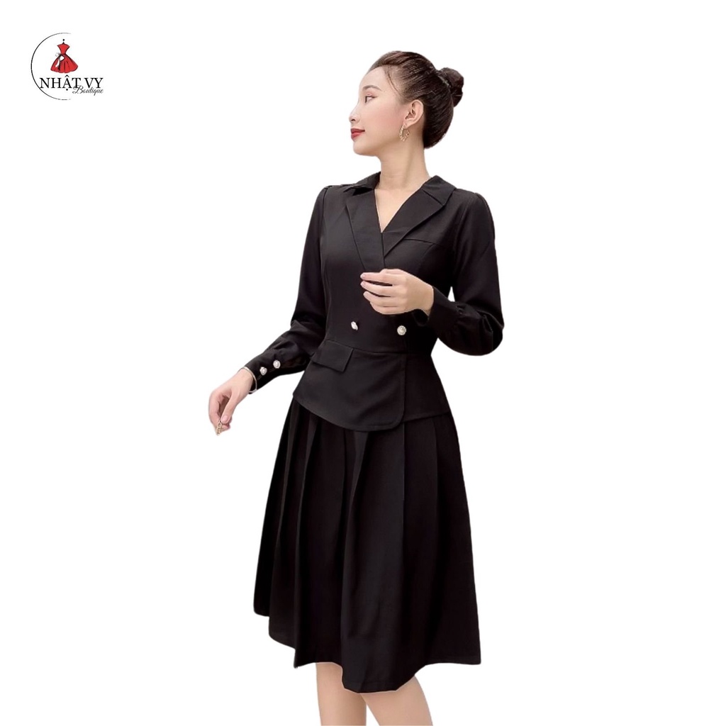Đầm Nữ NHẬT VY Cổ Vest Dài Tay Phối Dập Ly Chất Kaki Thun Dáng Ôm Xoè Nhẹ Màu Đen, Nude - D2252