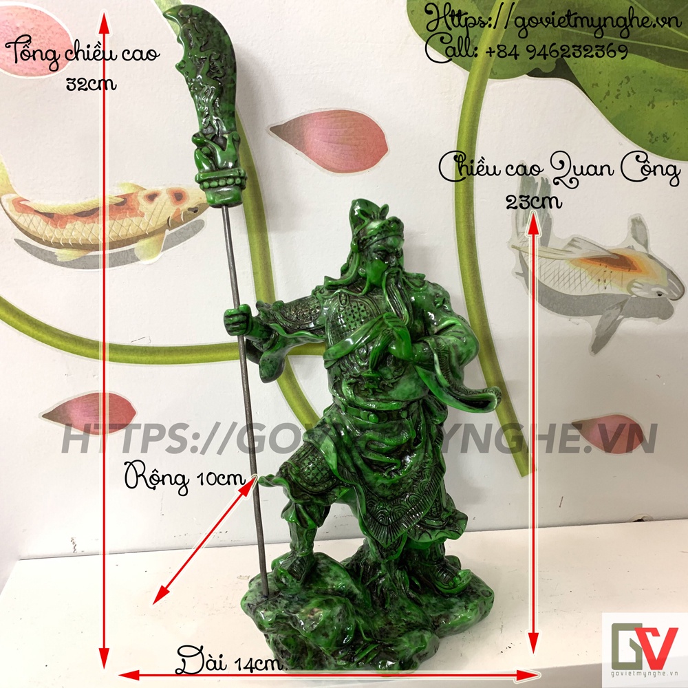 Tượng đá trang trí phong thủy Quan Công tượng Quan Công Cầm Đao trang trí phòng thờ - Màu Xanh Lục Bích - Cao 23cm