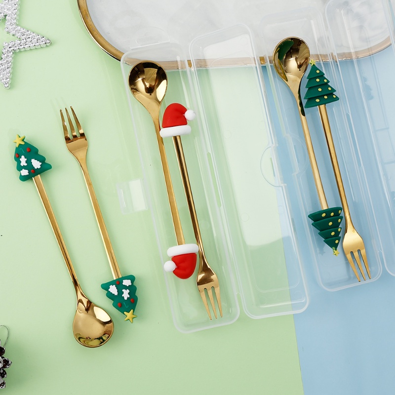 Set 2 Món Muỗng Nĩa / Nĩa / Tráng Miệng Hình Ông Già Noel Tuần Lộc Hoạt Hình Bằng Thép Không Gỉ Kèm Hộp Đựng