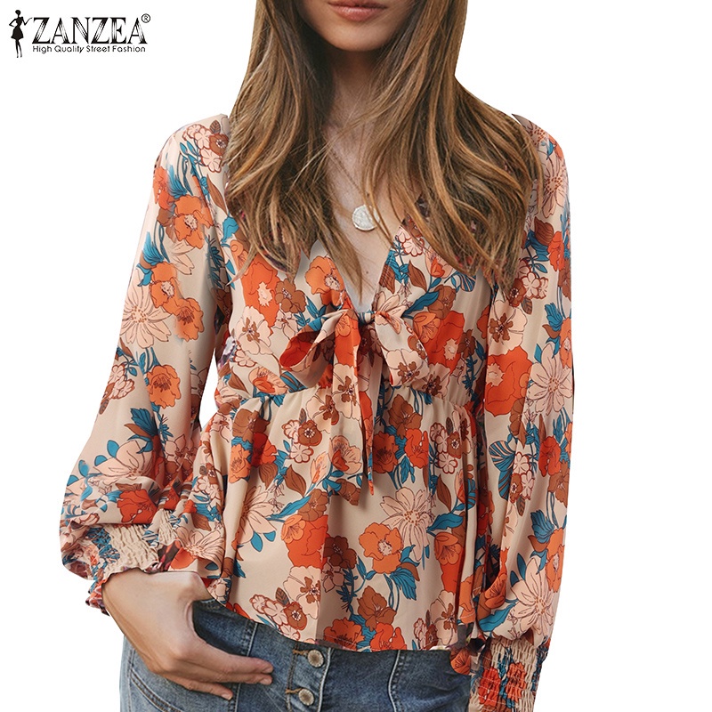 Áo kiểu ZANZEA cổ chữ V xẻ sâu tay dài dáng rộng in hoa thời trang dạo phố thường ngày quyến rũ cho nữ