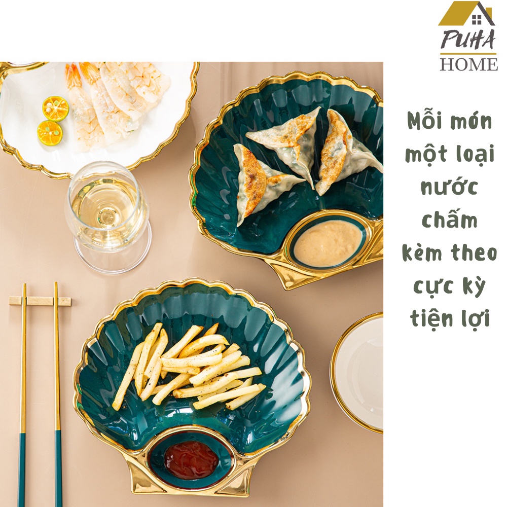 Đĩa hình sò kèm khay đựng nước chấm độc đáo hai màu xanh cổ vịt và trắng phong cách Bắc Âu