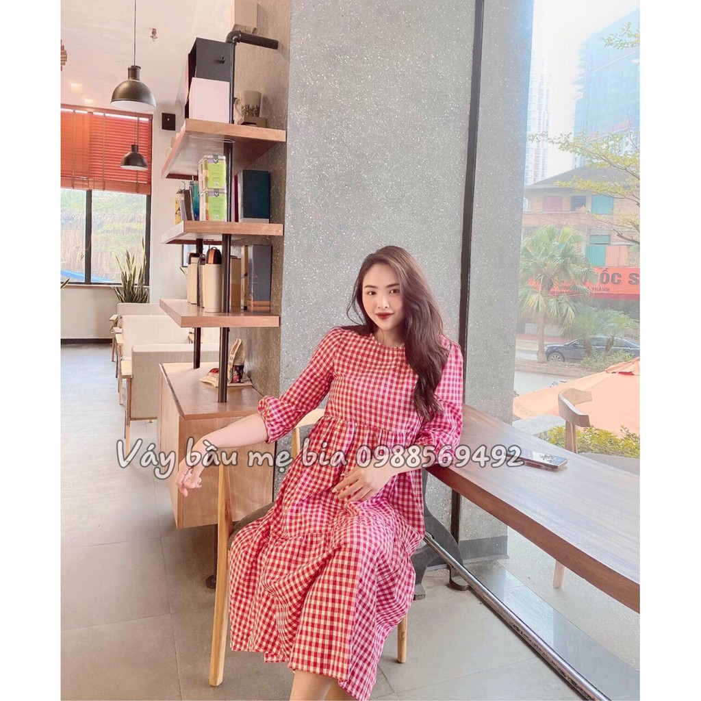 Váy bầu bigsize -Đầm bầu thiết kế GuMe 2 màu Caro Đỏ, Đen dáng 3 tầng tay lỡ chất vải thô cotton mềm mát MB205 ảnh thật