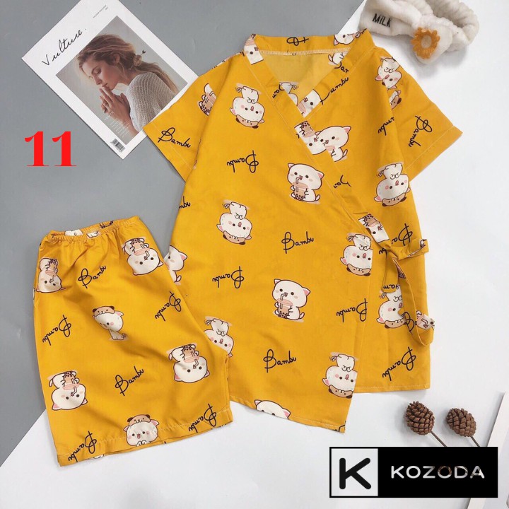 Đồ ngủ yukata Kimono Cộc Tay Nữ Set pijama buộc nơ in hình cute, quần áo ngủ mặc ở nhà, mùa hè Ulzzang Kozoda M45