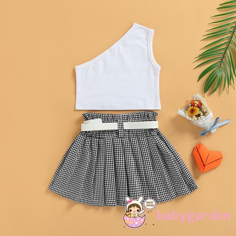 Set Áo Liền Quần Màu Trắng Trơn + Chân Váy Xếp Ly Sọc Ca Rô Cho Bé Gái 1-6 Tuổi