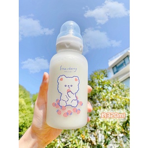 Bình Nước Thủy Tinh Mờ In Hình Gấu Dễ Thương Có Ống Hút Tiện Dụng Cho Bé