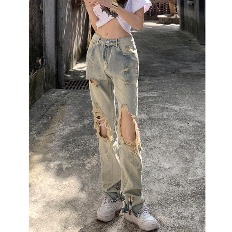 Quần Jeans Dài Lưng Cao Ống Suông Phối Rách Phong Cách Hip Hop Đường Phố Cá Tính Cho Nữ