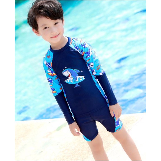 Bộ đồ bơi áo tay dài quần lửng chống nắng in cá heo dễ thương cho bé trai
