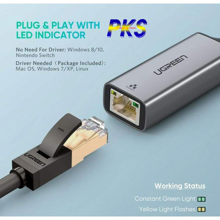 Cáp chuyển đổi USB 3.0 to Lan cao cấp Ugreen 50922 tốc độ đường truyền Gigabit 10/100/1000Mbps