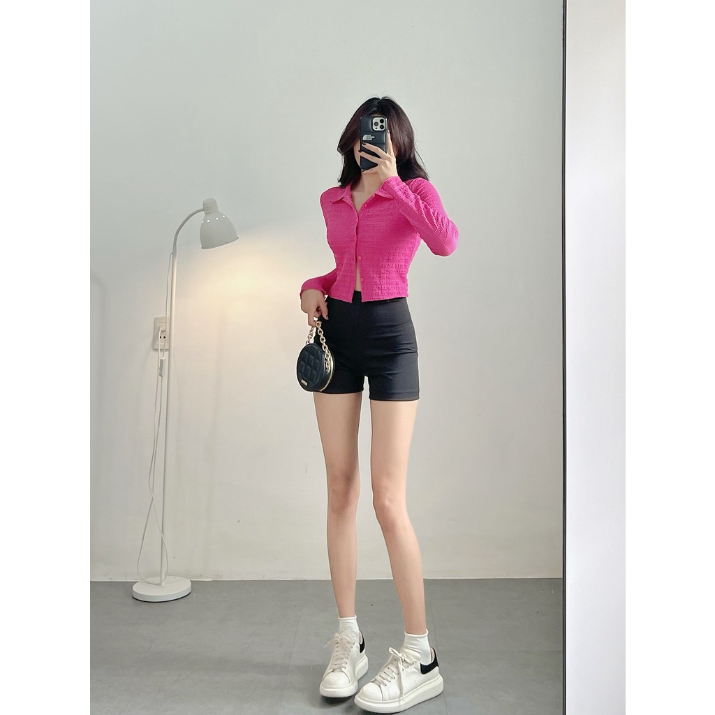 Áo croptop nữ tay dài HHVINTAGE kiểu polo nút cài Top A17