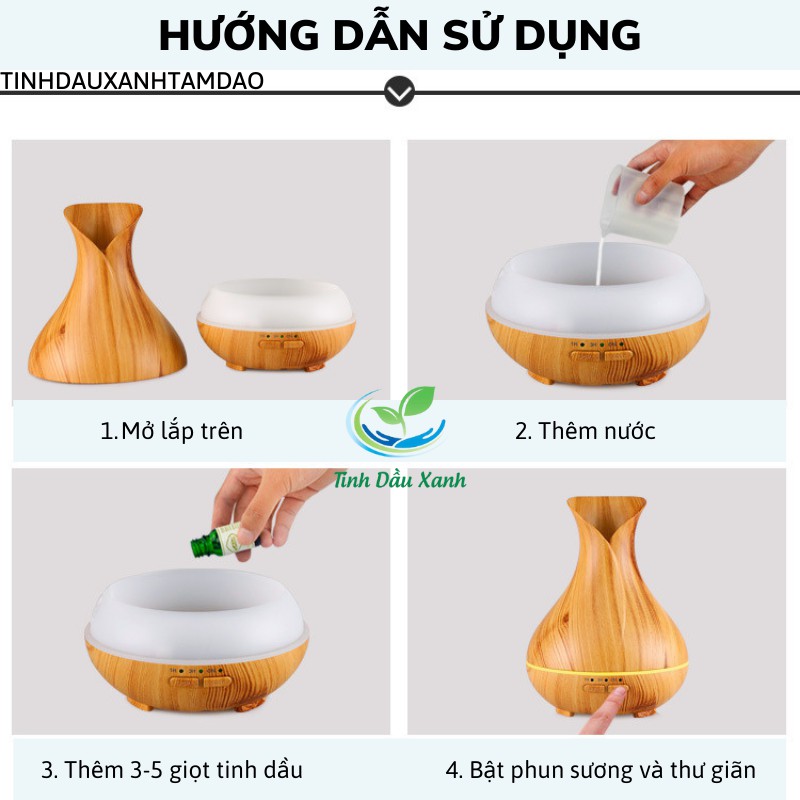 Máy Tinh Dầu TuyLip Tinh Dầu Xanh Phun Sương Khuếch Tán Siêu Âm Vân Gỗ 550ML Tặng Tinh Dầu Thiên Nhiên