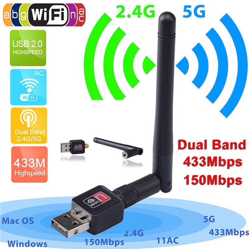 Bộ điều hợp mạng Wi-Fi USB không dây băng tần kép 600 Mbps 2.4 / 5Ghz kèm Ăng-ten 802.11AC | WebRaoVat - webraovat.net.vn