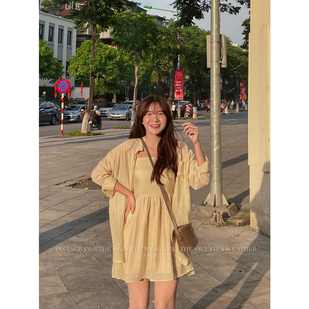 Set váy hai dây voan tơ kèm áo sơ mi khoác mỏng nhẹ the.sweaterweather TSW (ảnh thật)