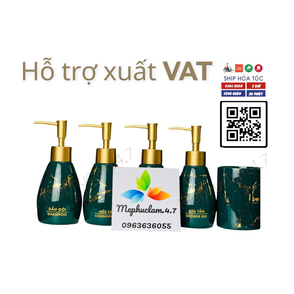 Bình gốm sứ đựng dầu gội, sữa tắm, nước rửa tay, cốc đánh răng xanh xoài vàng kim cho khách sạn,resort, homestay, villa