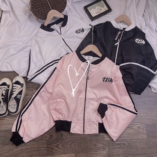 Áo khoác BOMBER croptop dù sọc viền trắng đen hồng
