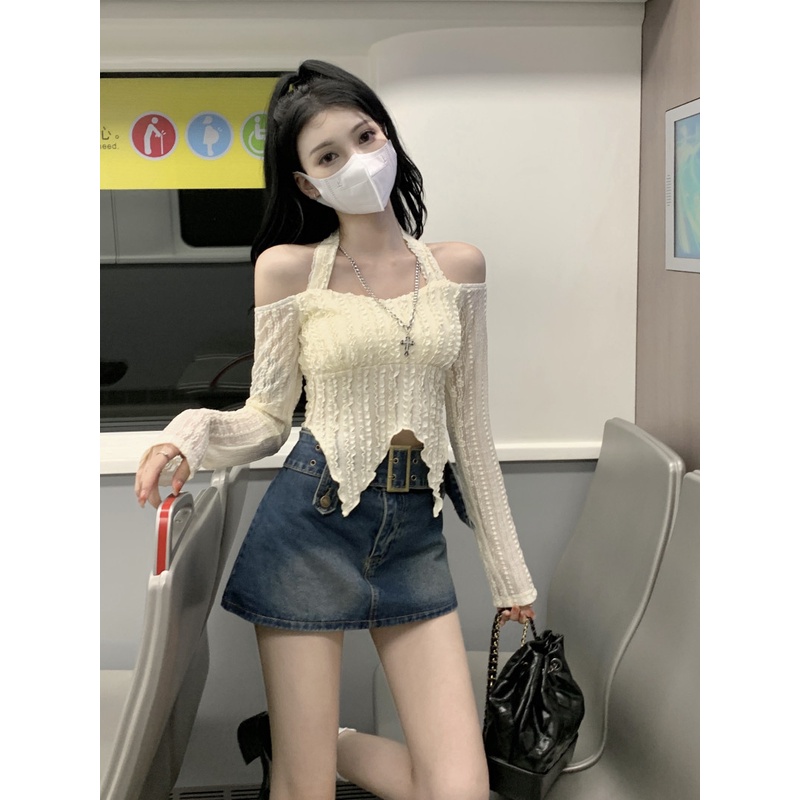 Áo Thun Tay Dài Lệch Vai Dáng Ôm Ngắn Thời Trang Quyến Rũ Cho Nữ