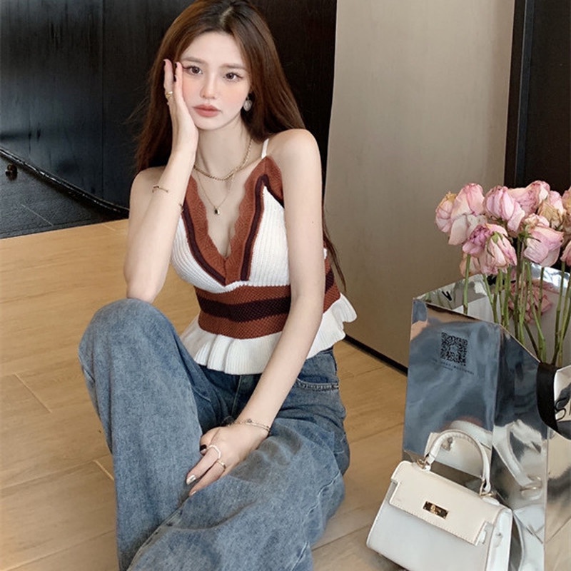 Áo Hai Dây Dệt Kim Cổ Chữ V Quyến Rũ Thời Trang Cho Nữ