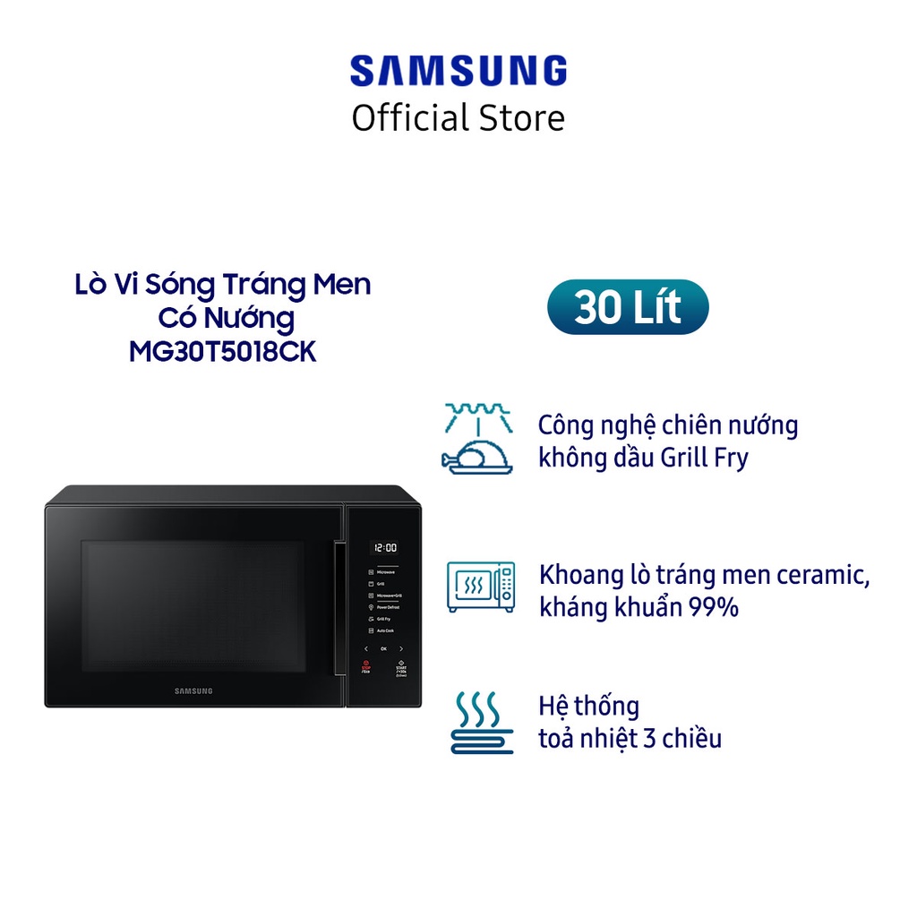 [Mã ELSAM5 giảm 10% đơn 500K] Lò Vi Sóng Tráng Men Có Nướng Samsung MG30T5018CK/SVV(30 lít)