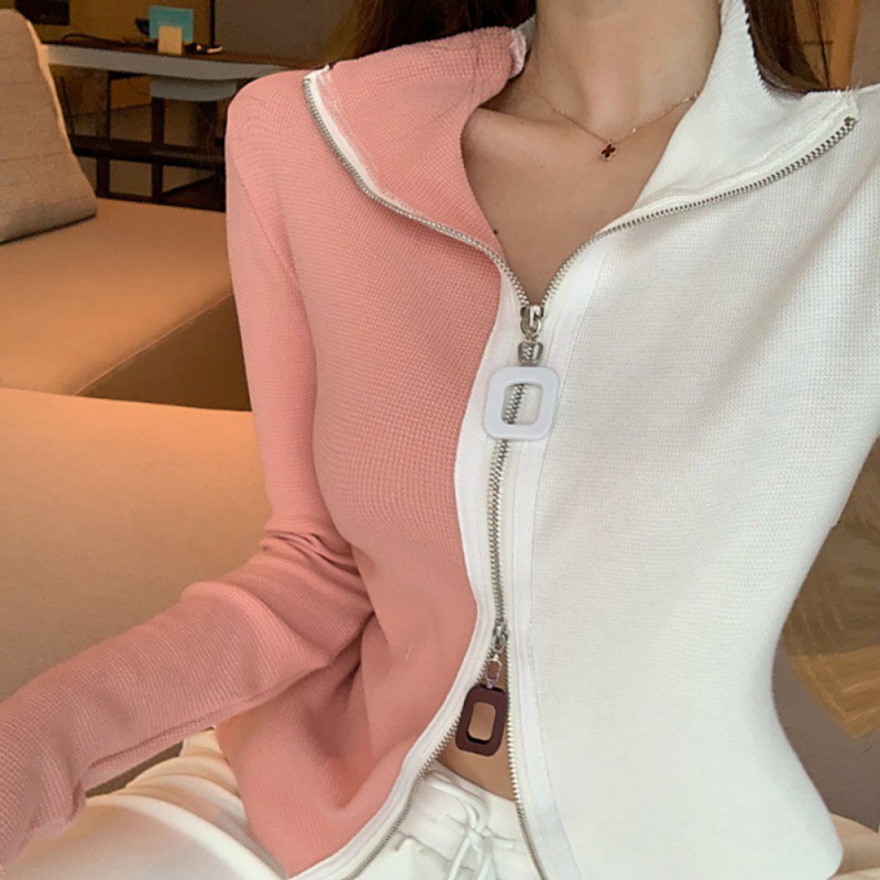 Áo sweater dài tay phối màu có khóa kéo thời trang mùa thu dành cho nữ