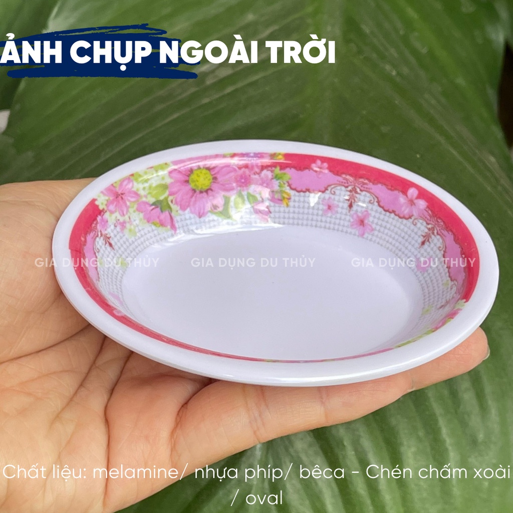 Dĩa chấm, chén nước mắm nhựa melamine nhựa phíp hình tròn, hình oval, màu trắng, vàng, xanh, hoa văn màu đỏ màu xanh