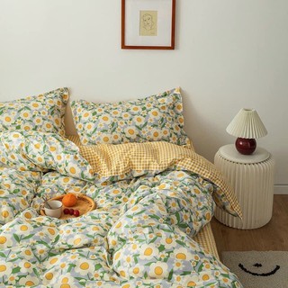 Bộ chăn ga gối nệm Cotton Poly Mẫu Hoa Vàng Ga Kẻ Caro Mới Nhất, drap giường