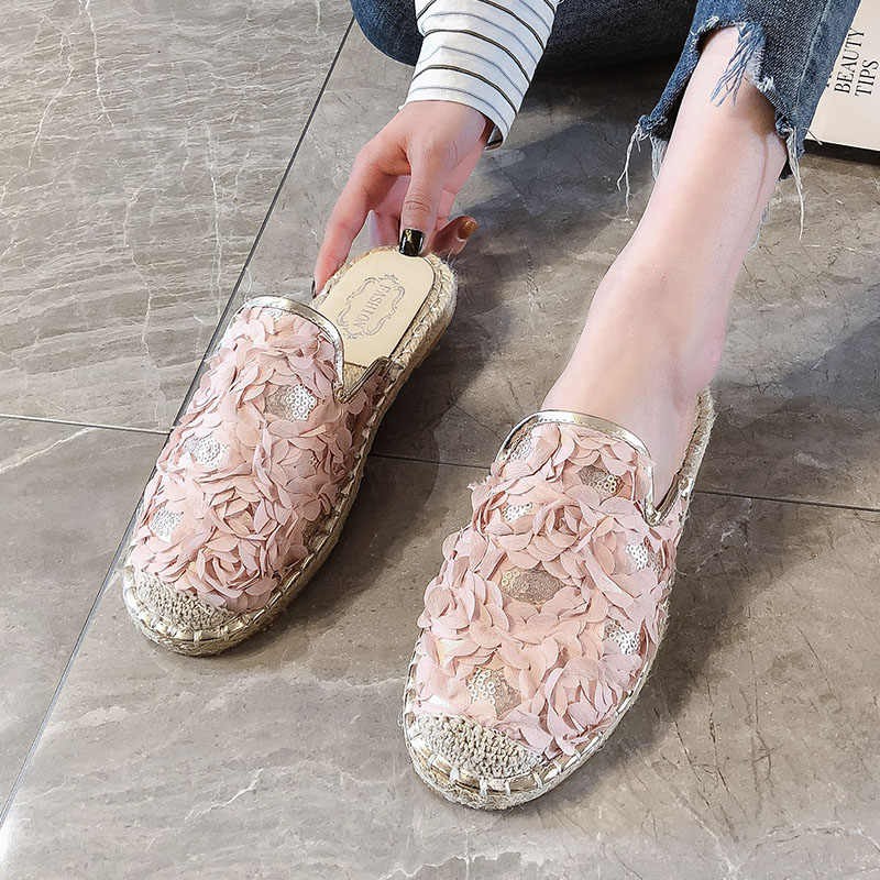 Giày sục slip on hoa 3D hàng QC đế viền cói