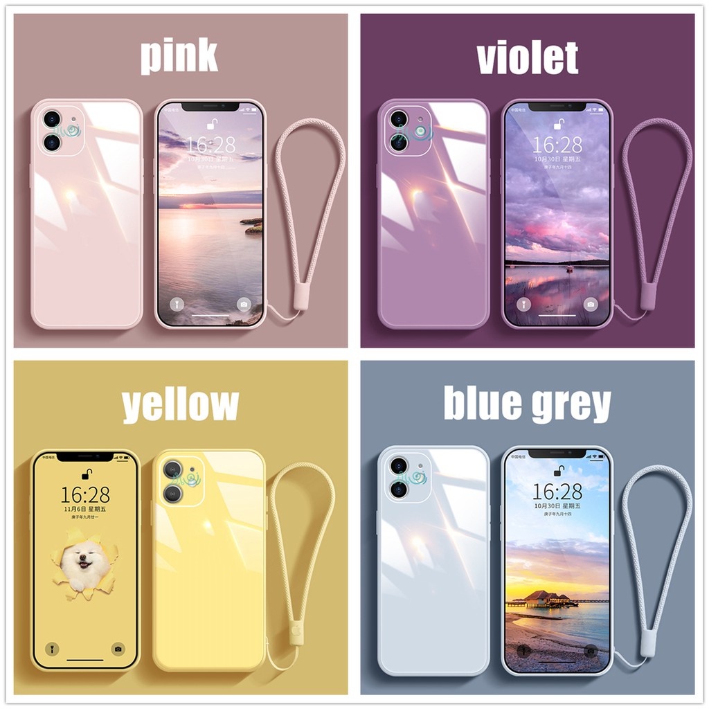 Ốp điện thoại silicon mặt kính cường lực màu macaron có dây cho iPhone 11 12 Pro MAX XS MAX XR X 6 6S 7+ 8 Plus SE 2020